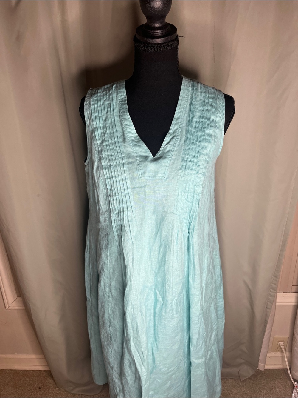 J. Jill Sleevelessw Light Aqua V-Neck Pintuck Linen-Blend Dress XS
